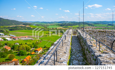 Visitors enjoy a panoramic view from the Donjon Tower of Rabi Castle in Czechia. The lush green landscape stretches across the horizon, showcasing rolling hills and quaint villages below. 127151745