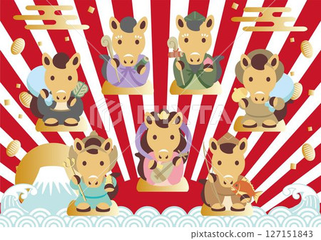 新年卡 2026 年新年 十二生肖 七福神 馬年 馬 可愛 日式 插圖素材 127151843