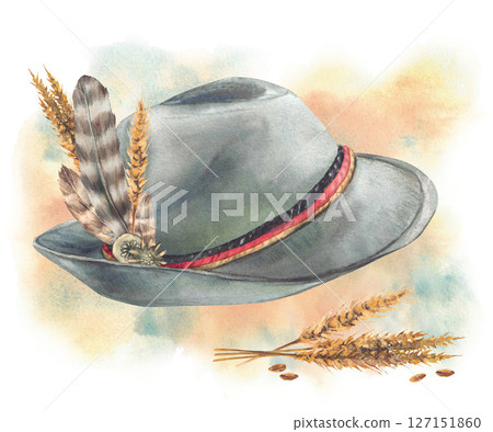 Mens Hat with feathers, spikes of malt and brooch on watercolor stains, spotted background. Traditional Headwear in Bavarian. Ribbons in color of German flag. Barley stalks golden grain ears. Isolated 127151860