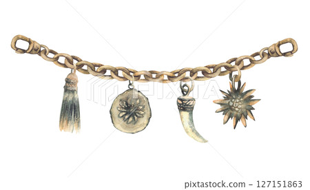 Charivari set. Bavarian Lederhosen krachlederne decor element at Oktoberfest. Traditional clothing festive pendant for mens leather pants that hang on chain Hand drawn watercolor isolated illustration 127151863