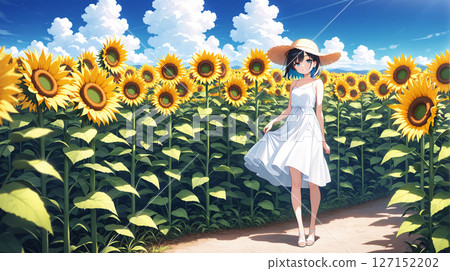 Girl in sunflower field and straw hat 127152202