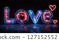 A glowing neon Love sign with vibrant red and blue hues sparkles against a dark background, creating a captivating and romantic visual ideal for Valentine's Day celebrations and designs. 127152552