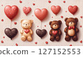 Adorable teddy bears with heart shaped decorations are paired with red and chocolate heart balloons, creating a whimsical and romantic Valentines Day display filled with charm and sweetness. 127152553