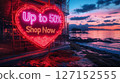 A glowing heart shaped neon sign reads Up to 50 Shop Now, surrounded by vibrant red and pink heart lights, creating a captivating and romantic atmosphere for a Valentines sale promotion. 127152555
