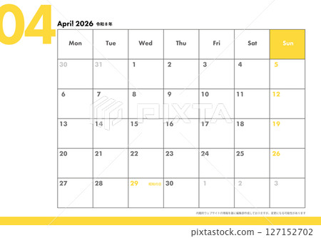 星期一開始桌曆令及2026年4月8日 商務用簡易行事曆資料 127152702