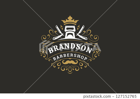 Elegant vintage barbershop logo with crown, scissors, razor, and mustache, grooming service emblem Elegant vintage barbershop logo with crown, scissors, razor, and mustache, grooming service emblem 127152765