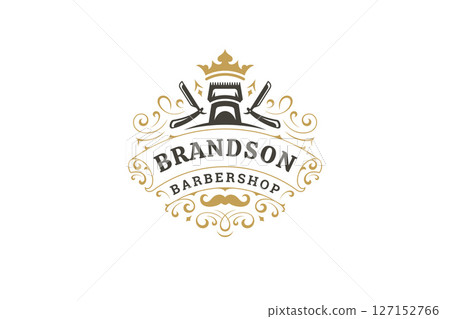 Elegant vintage barbershop logo with crown, scissors, and trimmer, perfect for grooming services 127152766