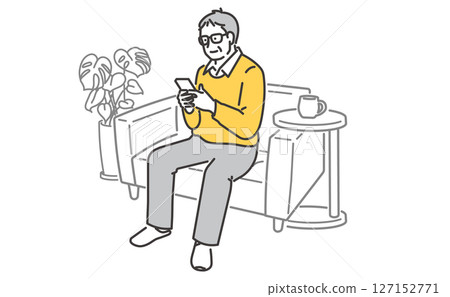 一位老人在沙發上休息、操作手機的插畫素材 一位老人在沙發上休息、操作手機的插畫素材 127152771