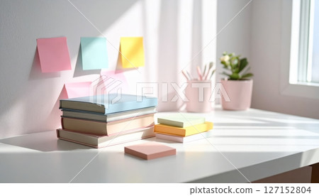 A modern living room interior features a stack of books, a laptop, and other objects for education and learning 127152804
