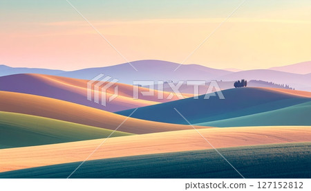 Green landscape with rolling hills and mountains under a summer sky Green landscape with rolling hills and mountains under a summer sky 127152812