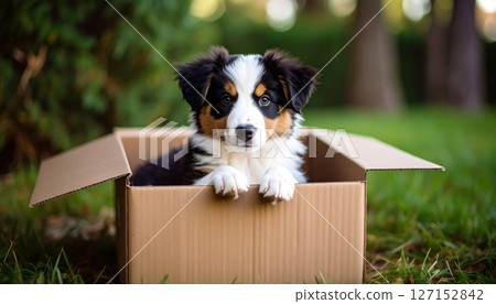 Adorable domestic border collie puppy portrait with tongue out on green grass 127152842