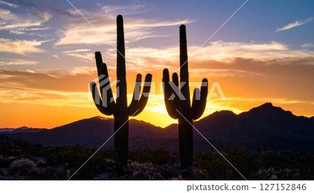 Desert saguaro cactus silhouettes against a sunset in Arizona, a classic southwest landscape with arid beauty 127152846
