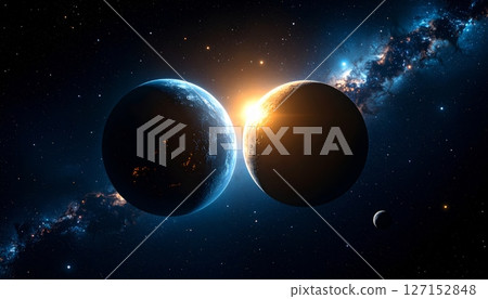 Blue Earth sphere in space with sun, stars, and clouds at sunrise Blue Earth sphere in space with sun, stars, and clouds at sunrise 127152848