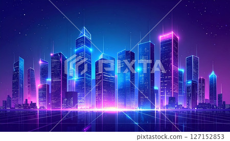 Abstract blue night city skyline with urban buildings and downtown architectural illustration Abstract blue night city skyline with urban buildings and downtown architectural illustration 127152853
