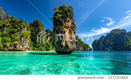 Tropical summer sky and blue ocean water surround a stunning Thailand island rock landscape Tropical summer sky and blue ocean water surround a stunning Thailand island rock landscape 127152864