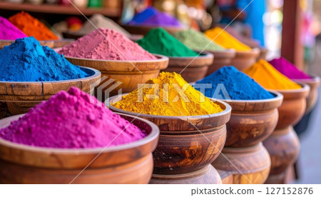 Colorful dry Indian spices in a market bowl featuring turmeric, chili powder, and curry seasoning for flavorful cooking Colorful dry Indian spices in a market bowl featuring turmeric, chili powder, and curry seasoning for flavorful cooking 127152876