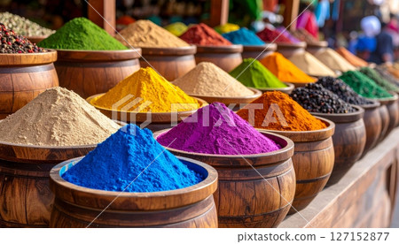 Colorful dry Indian spices in a market bowl featuring turmeric, chili powder, and curry seasoning for flavorful cooking 127152877
