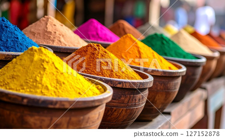 Colorful dry Indian spices in a market bowl featuring turmeric, chili powder, and curry seasoning for flavorful cooking 127152878