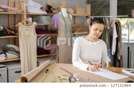 Focused young Asian tailoress drawing sketches in sewing workshop Focused young Asian tailoress drawing sketches in sewing workshop 127152964