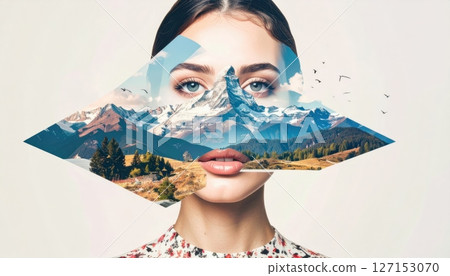 Portrait of a beautiful young woman's face with a fan and veil, featuring artistic makeup and an expressive look Portrait of a beautiful young woman's face with a fan and veil, featuring artistic makeup and an expressive look 127153070