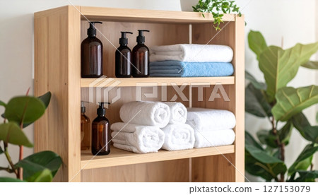 Cream products are placed on a wooden shelf with towels. Cream products are placed on a wooden shelf with towels. 127153079