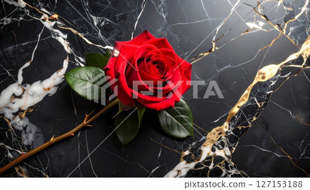 Abstract red rose intertwined with black marble backdrop 127153188