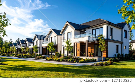 Colorful residential architecture with bright exteriors under a sunny sky 127153523