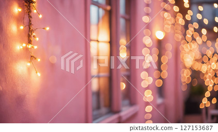 festive garlands wall on a cozy street. Beautiful christmas background festive garlands wall on a cozy street. Beautiful christmas background 127153687