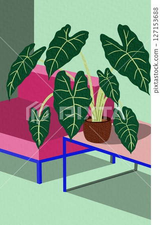 Minimalistic drawing room interior scenes with mid century modern furniture and plants. Trendy living room interiors. Abstract Sofa Minimalistic drawing room interior scenes with mid century modern furniture and plants. Trendy living room interiors. Abstract Sofa 127153688