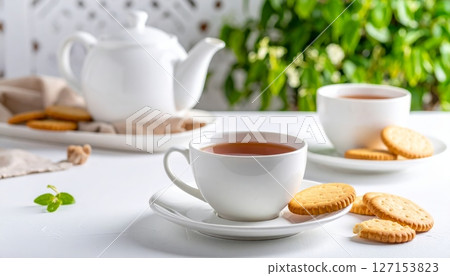 Hot morning tea with sweet cookies on a white saucer 127153823