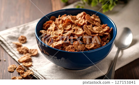 Healthy breakfast cereal bowl with milk, fruit, and nuts Healthy breakfast cereal bowl with milk, fruit, and nuts 127153841