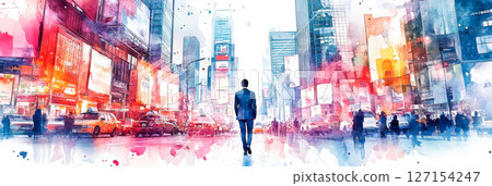 A businessman in a suit walking through a business district (illustration) A businessman in a suit walking through a business district (illustration) 127154247