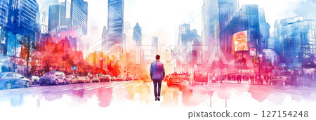 A businessman in a suit walking through a business district (illustration) 127154248