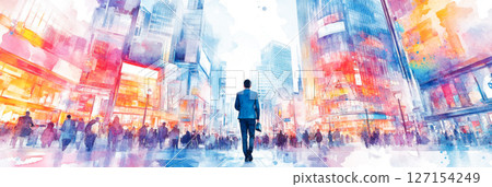 A businessman in a suit walking through a business district (illustration) 127154249