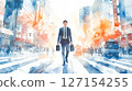 A businessman in a suit walking through a business district (illustration) 127154255