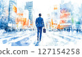 A businessman in a suit walking through a business district (illustration) 127154258