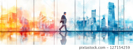 A businessman in a suit walking through a business district (illustration) 127154259