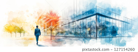 A businessman in a suit walking through a business district (illustration) A businessman in a suit walking through a business district (illustration) 127154260