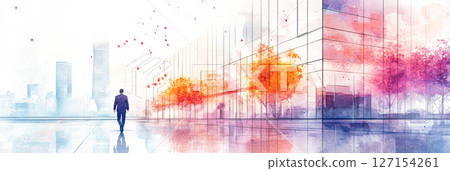 A businessman in a suit walking through a business district (illustration) A businessman in a suit walking through a business district (illustration) 127154261