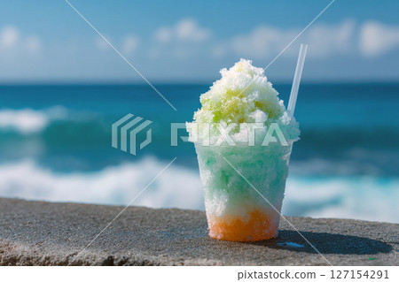 Shaved ice while looking at the sea AI image 127154291