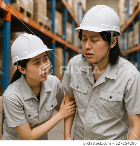 A worker in the warehouse is being called out to if he feels unwell. 127154296