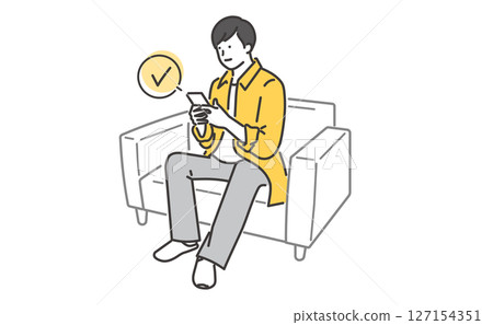 Illustration material of a young man sitting on a sofa and operating a smartphone Illustration material of a young man sitting on a sofa and operating a smartphone 127154351