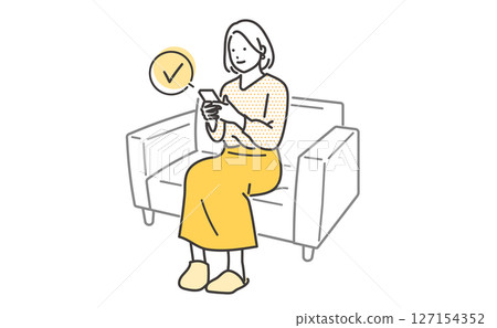 一位年輕女子坐在沙發上操作智慧型手機的插畫素材 一位年輕女子坐在沙發上操作智慧型手機的插畫素材 127154352