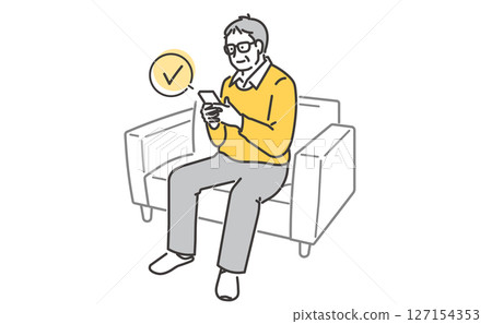 Illustration material of a senior man sitting on a sofa and operating a smartphone Illustration material of a senior man sitting on a sofa and operating a smartphone 127154353