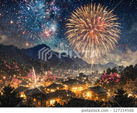 Fireworks floating in the night sky illustration 127154588