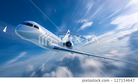 An elegant jet plane flying at high altitude, a travel concept that combines tranquility and power 127154647
