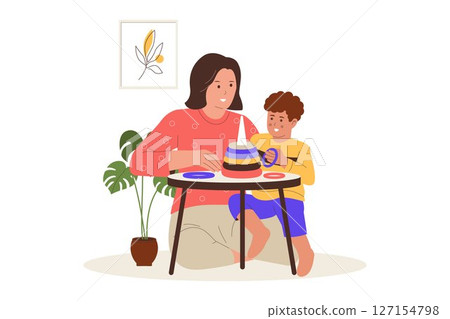Child Care at Home Illustration of Mother Playing with Kid Using Educational Toys 127154798