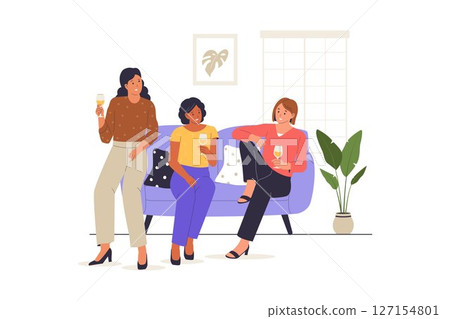 Entertaining Friends Illustration with Women Chatting and Drinking at Home Entertaining Friends Illustration with Women Chatting and Drinking at Home 127154801