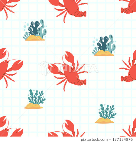 Seamless Pattern with cute red cancer animal on white checkered Background with algae. Vector Illustration Seamless Pattern with cute red cancer animal on white checkered Background with algae. Vector Illustration 127154876