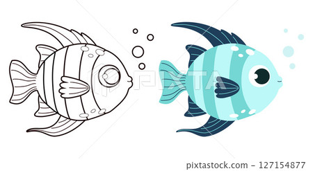 Tropical Striped blue Fish set. Isolated Color and Outline Line drawing, coloring book. Vector illustration. Kids collection. Tropical Striped blue Fish set. Isolated Color and Outline Line drawing, coloring book. Vector illustration. Kids collection. 127154877